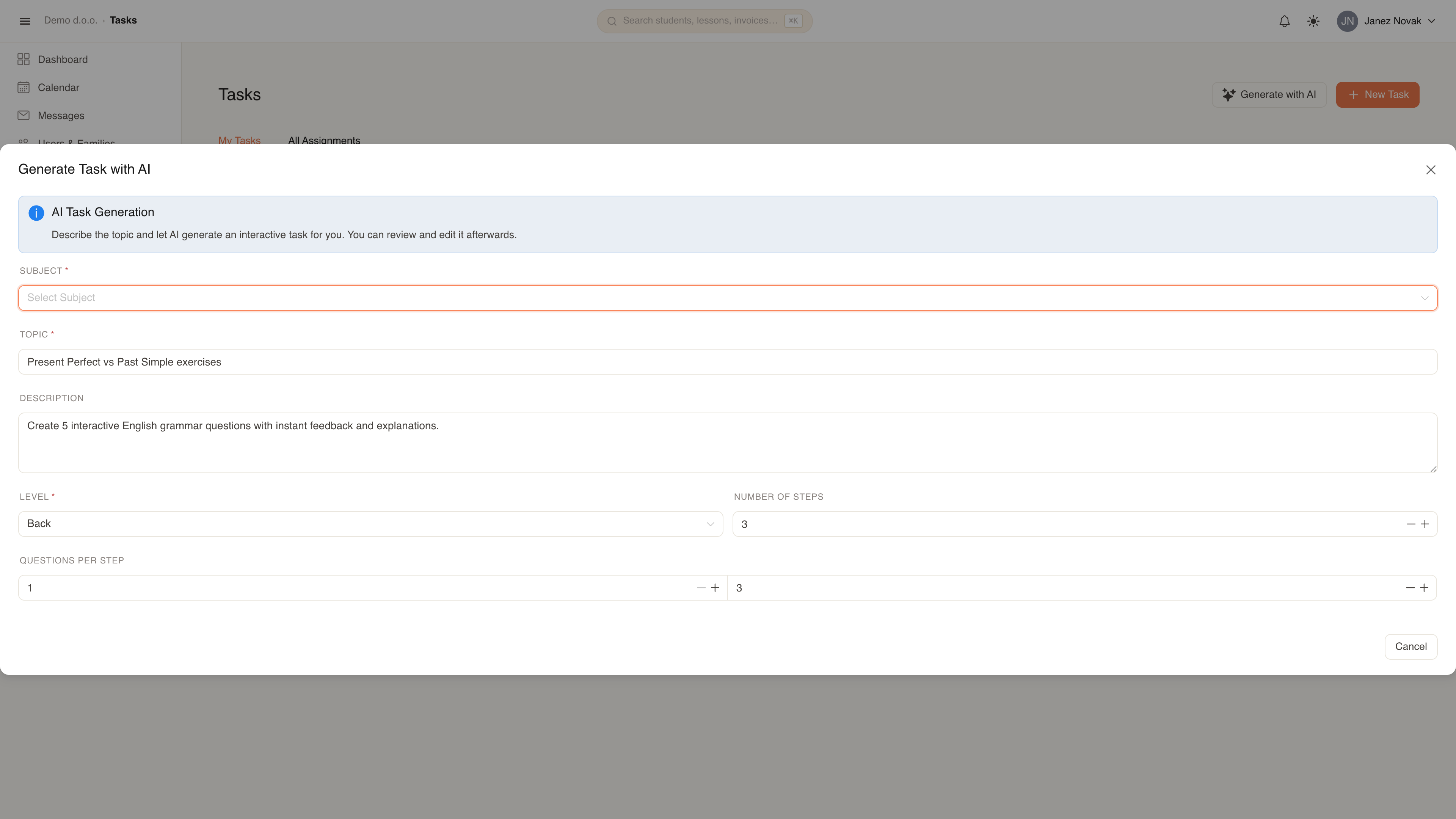 Homework and AI task generation